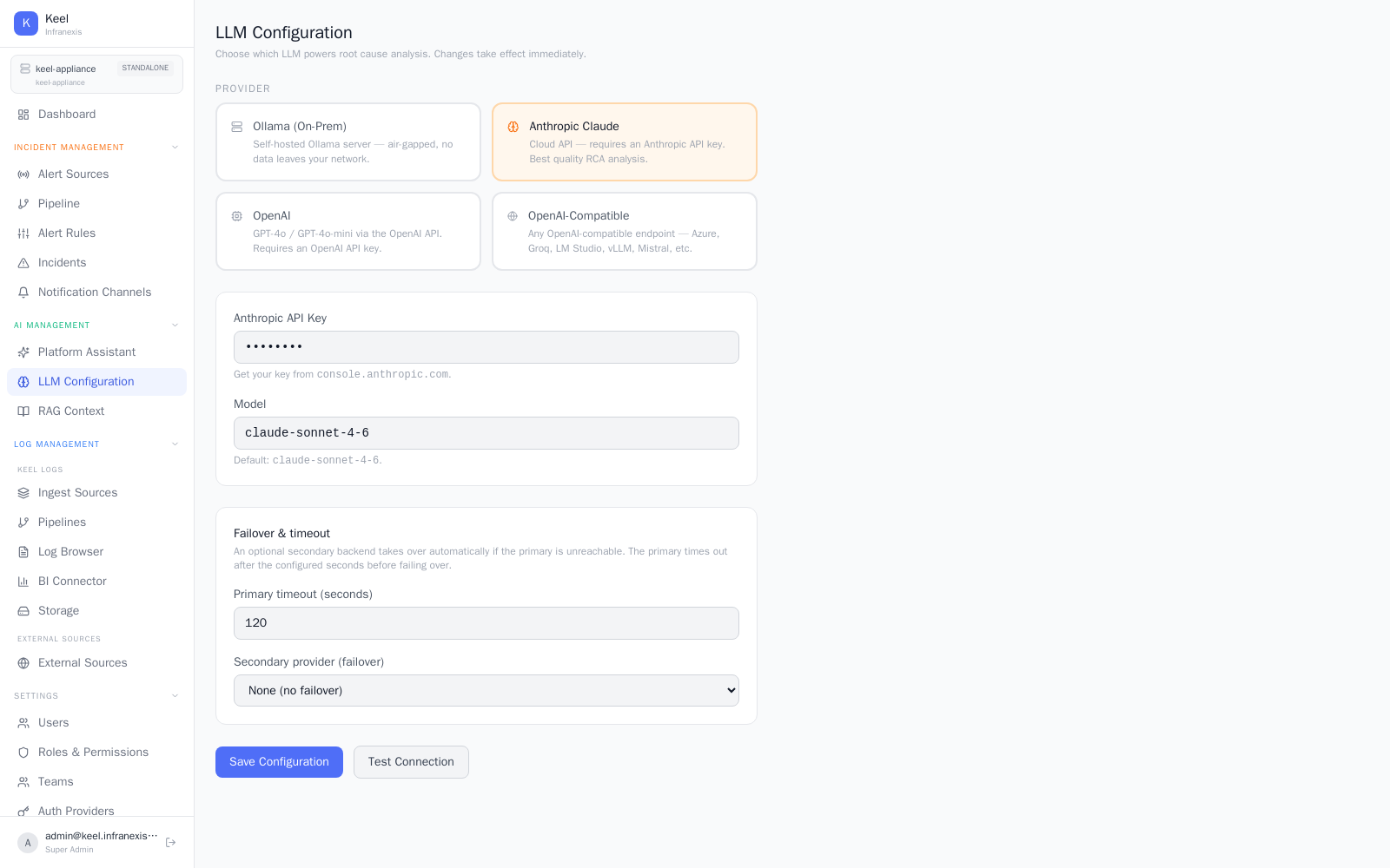 AI Configuration — choose your LLM backend