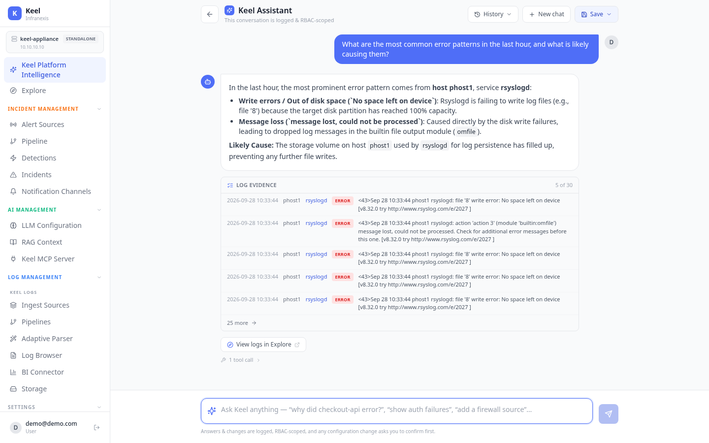 Keel Platform Intelligence — the assistant answering a question, grounded in real log evidence