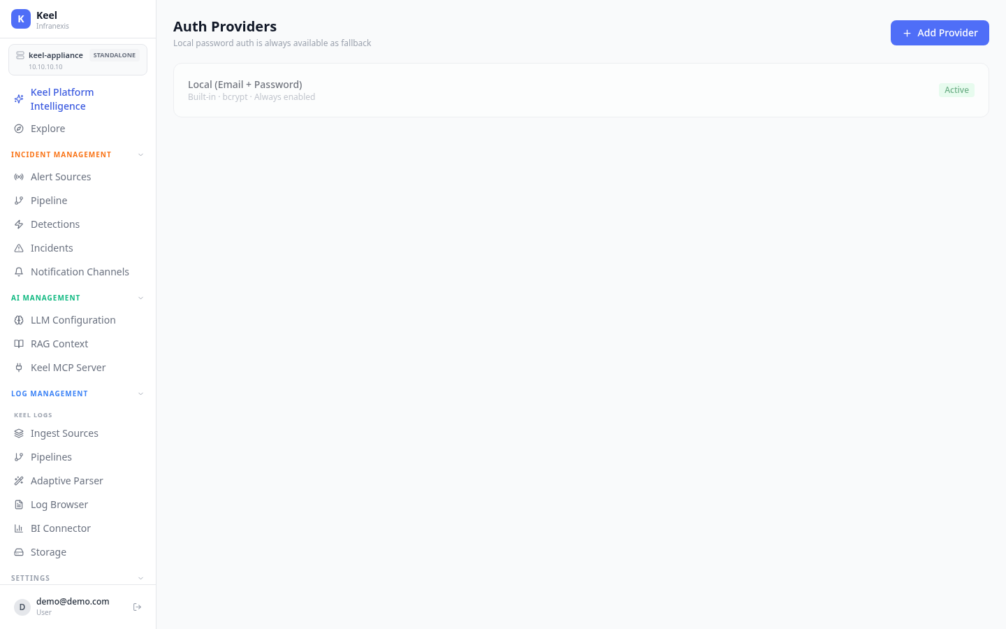 Keel Auth Providers settings — local password auth and external identity providers
