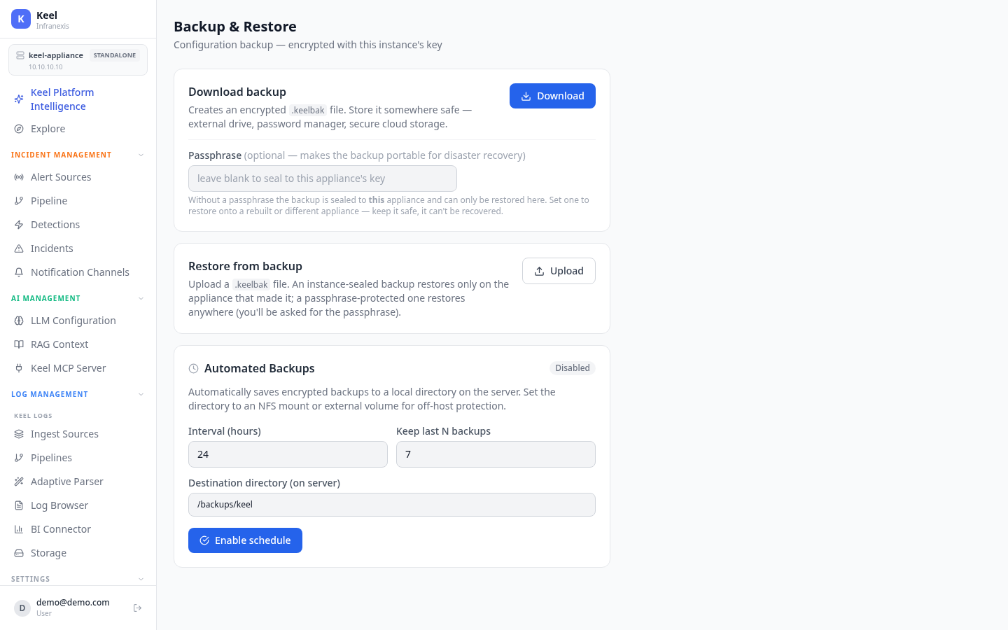 Keel Backup & Restore — download an encrypted backup, restore, and schedule automated backups