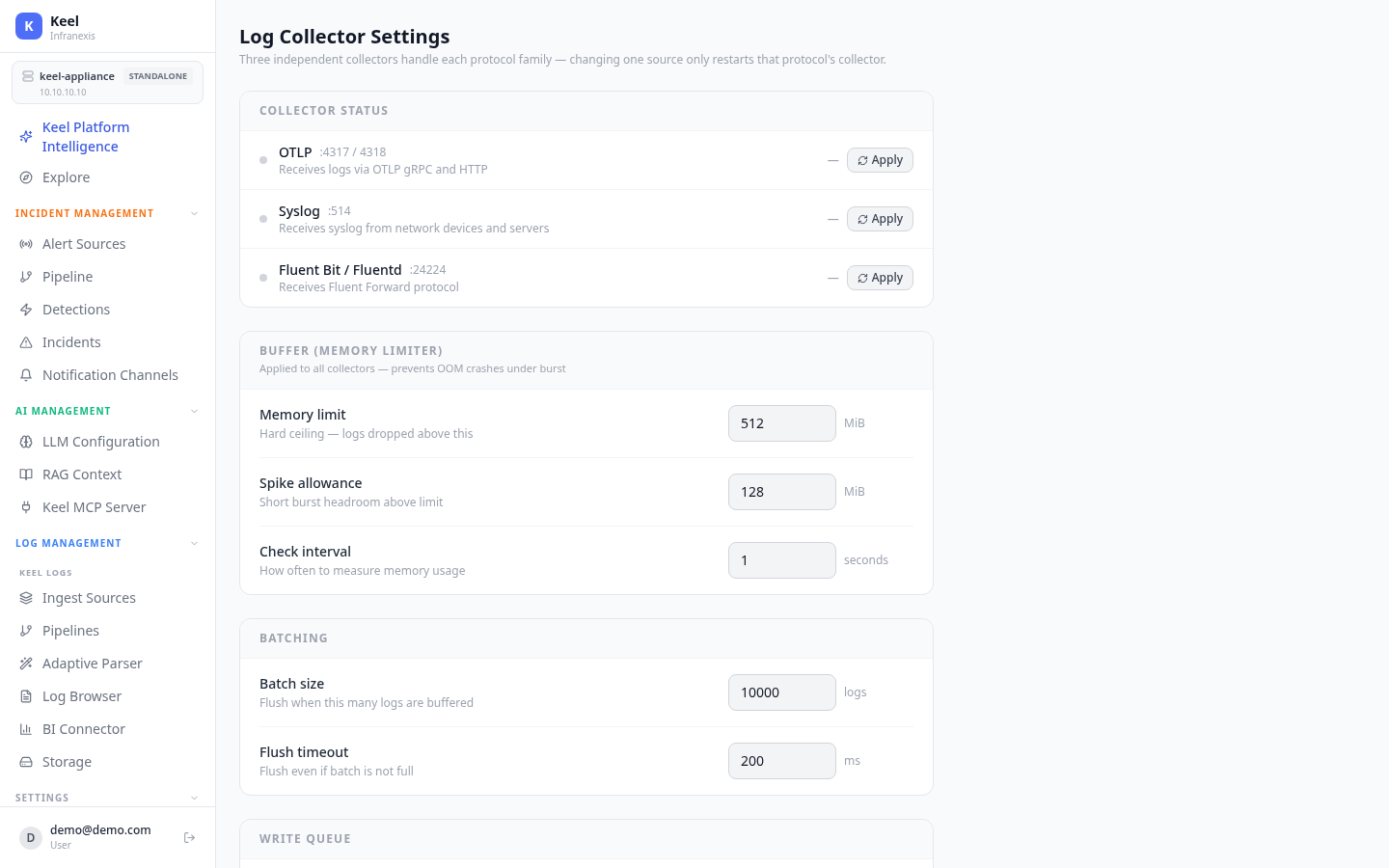 Keel Log Collector settings — collector status, memory limiter, batching, and write queue
