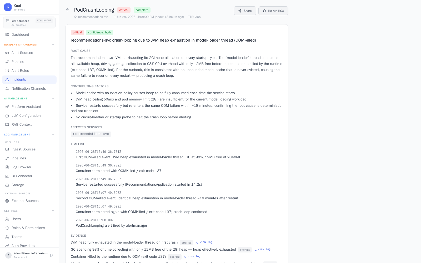 AI Root Cause Analysis — root cause, timeline, and log evidence