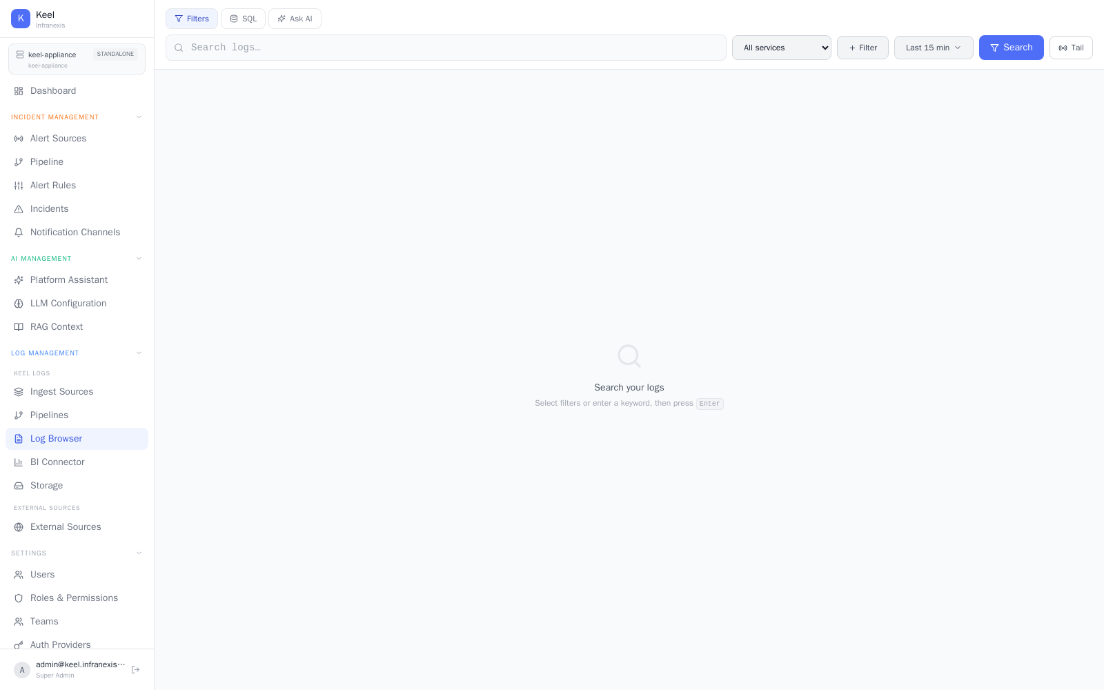 Log Browser — search, filter, and live tail