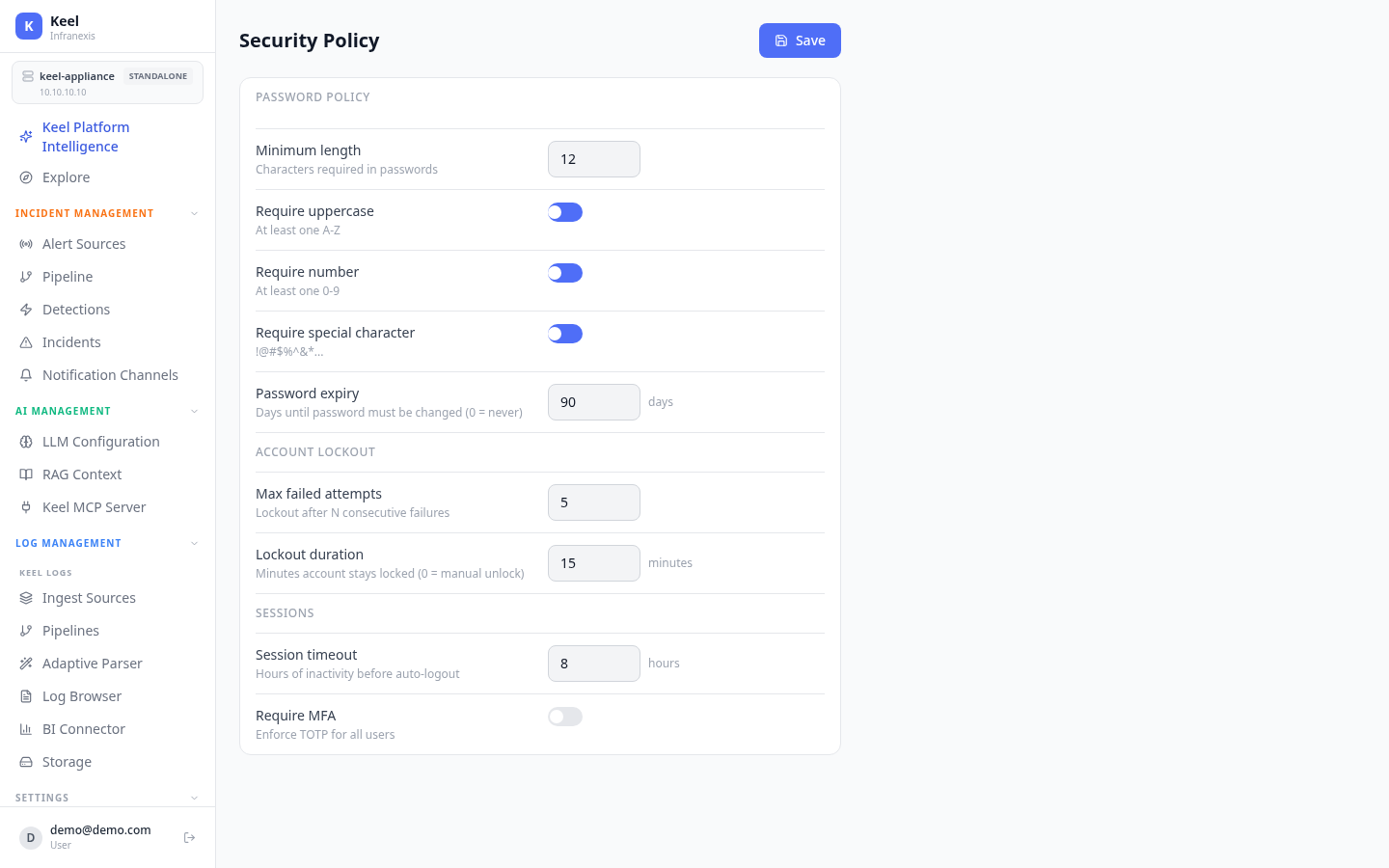 Keel Security Policy settings — password policy, account lockout, and session controls
