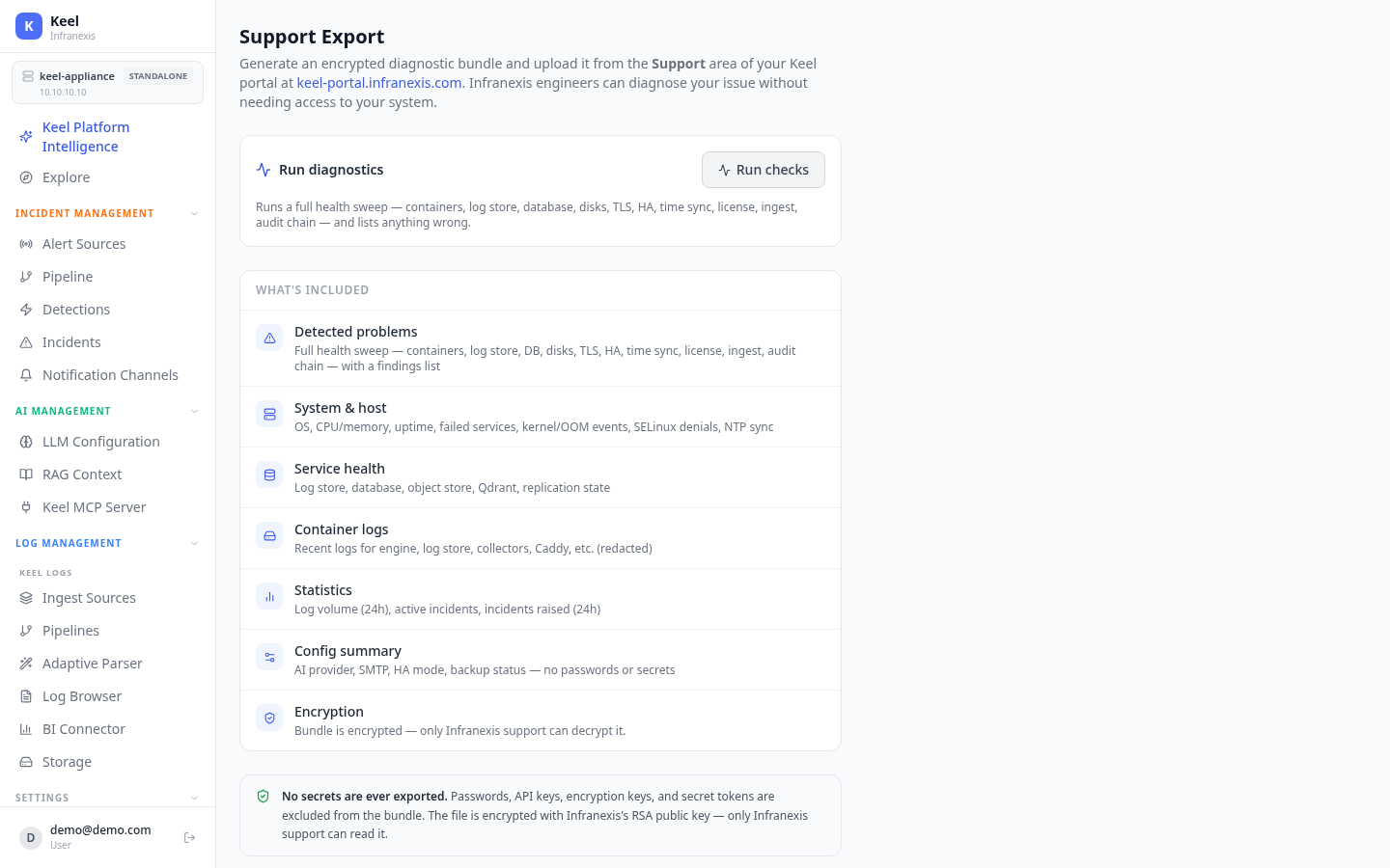 Keel Support Export — run diagnostics and generate an encrypted support bundle
