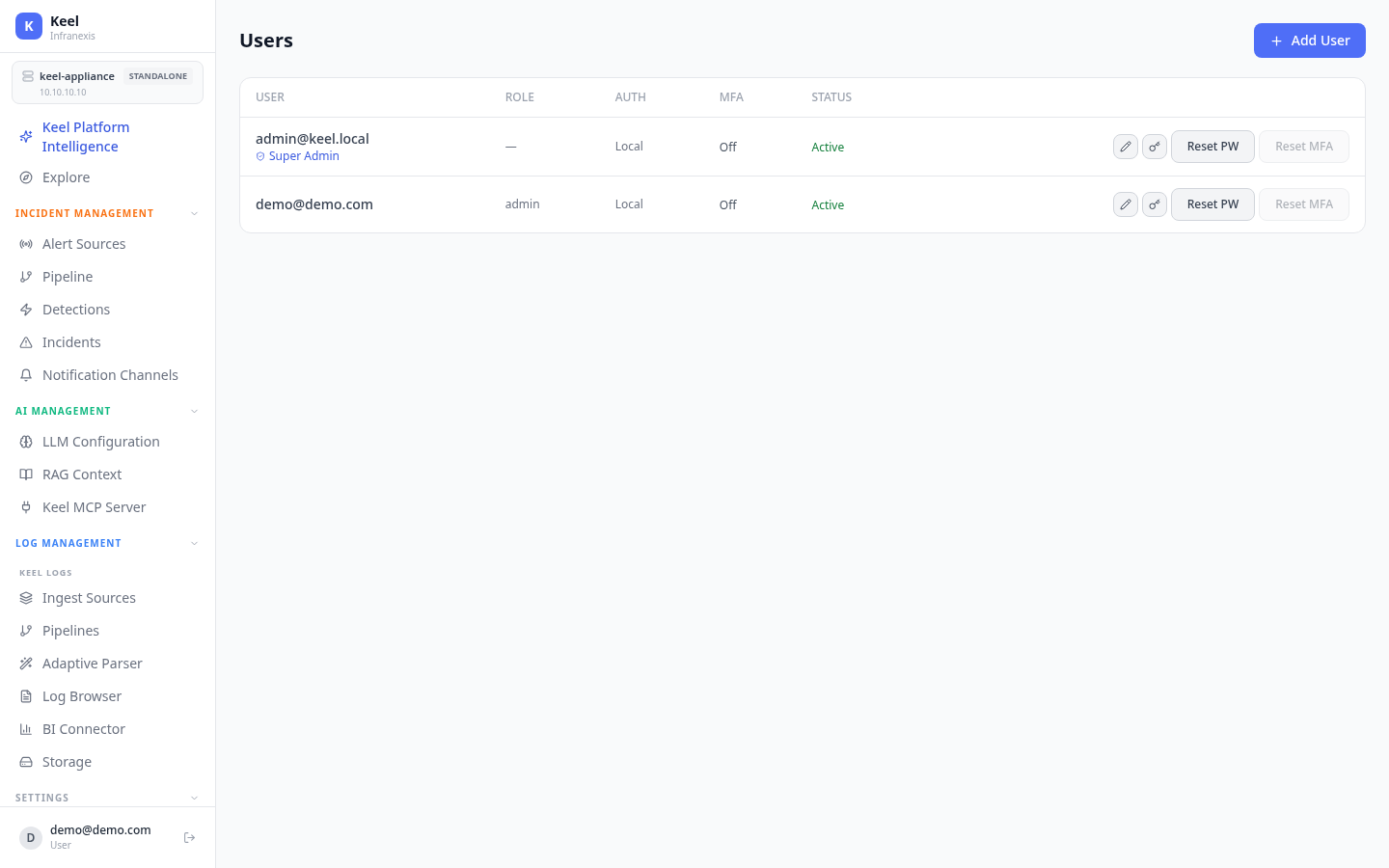Keel Users settings — the account list with role, auth method, MFA and status